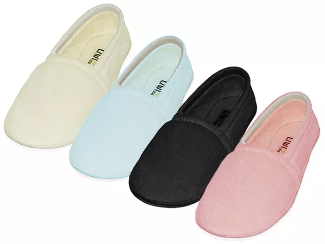 S4049L-A - Wholesale Women's "Easy USA" Pain Relief Cotton Terry Upper Close Toe & Close Back House Slippers — Assorted - Pink, Lt. Blue, Beige & Black (S4049L-A) / S