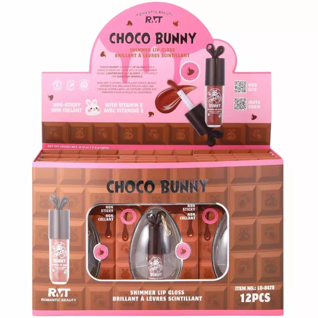 Romantic Beauty Choco Bunny Shimmer Lip Gloss - Wholesale Display 12 Units (LO-8478)