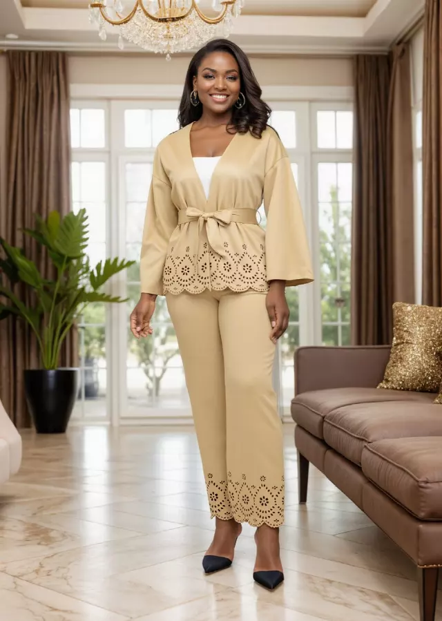25043 - 2-Pcs Elegant Soft-Feel Top & Pant Set - $25.00 Each (3 pcs per pack) — Khaki