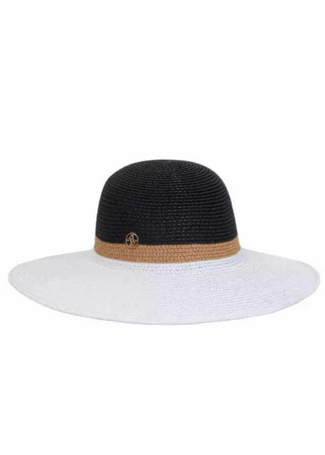 Adrienne Vittadini Straw Color Block Floppy Hat — BLACK