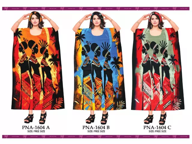 PNA-1604 Women's Colorful Print Long Comfortable Kaftan Dress with Headwrap- One Size (6-PCS PRE-PACK) - $7 Each — One Size (4-24) / Print-1604C