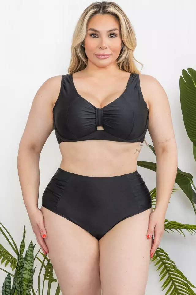 H2897 Plus Size Floral High Waist Swimsuit — Black