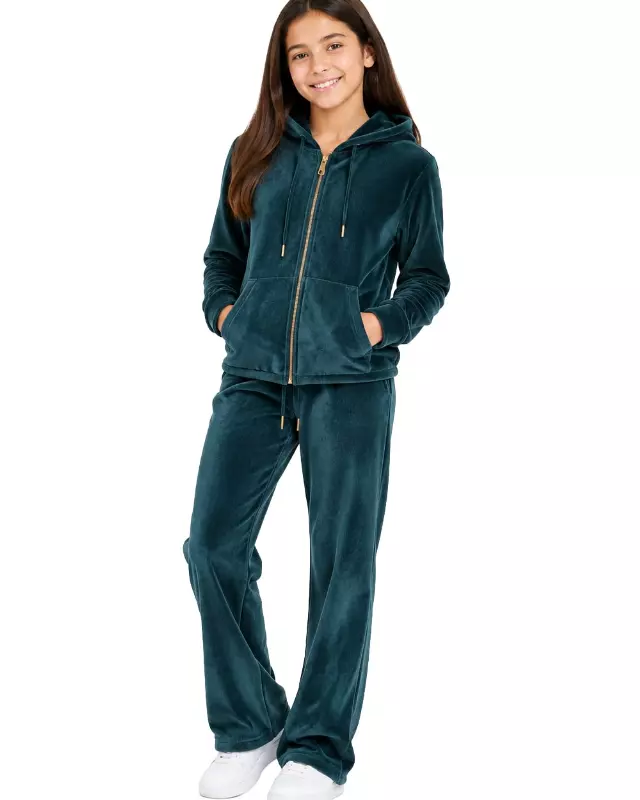 Girls' Corduroy Hoodie & Pants Set #C01 — Emerald Green / 6-8-10-12-14