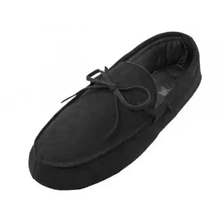 M080004 - Men's Leather Upper Moccasins Insulated House Slippers — Black (M080004-B) / 7-13 Assorted
