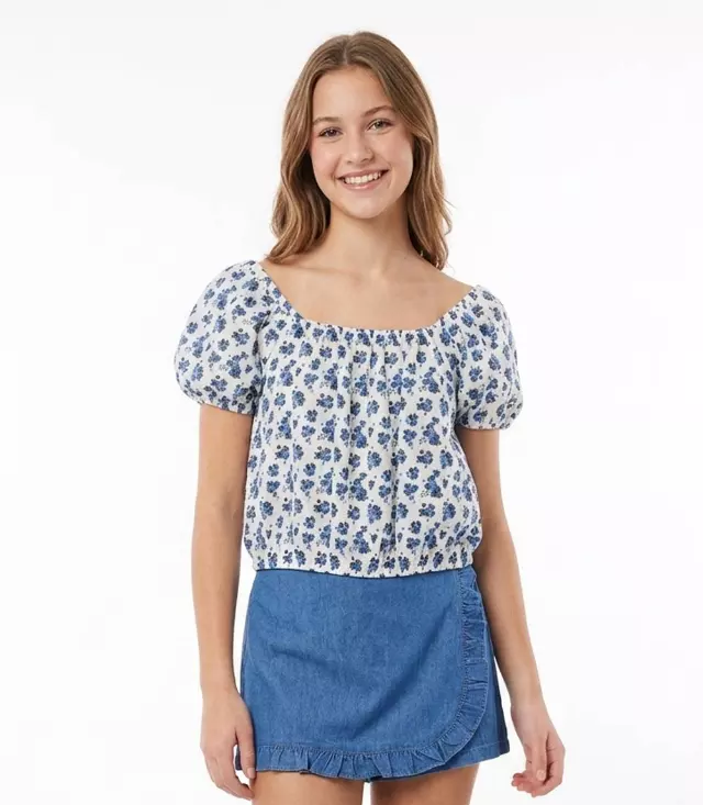 GIRLS PINK Woven Floral Print Top w Square Neck and Bubble Denim Skort - 2404667