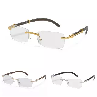 Rimless Rectangle Clear Lens Glasses with Wood Grain Temples and Gold Accents J0875C