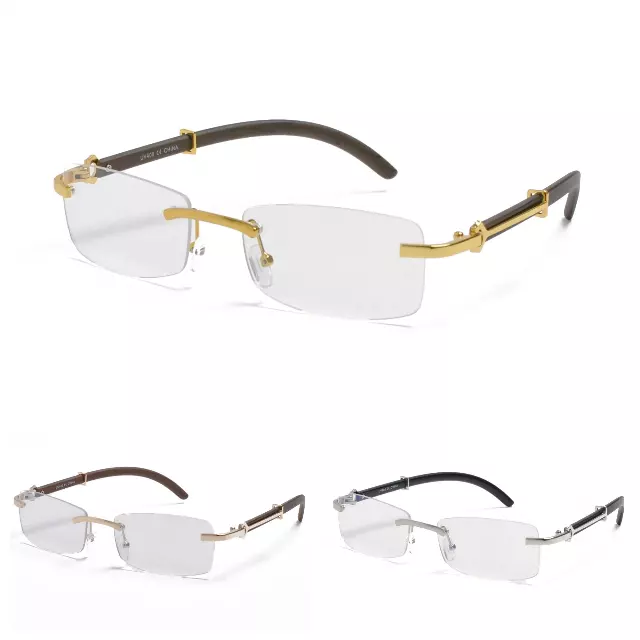 Rimless Rectangle Clear Lens Glasses with Wood Grain Temples and Gold Accents J0875C