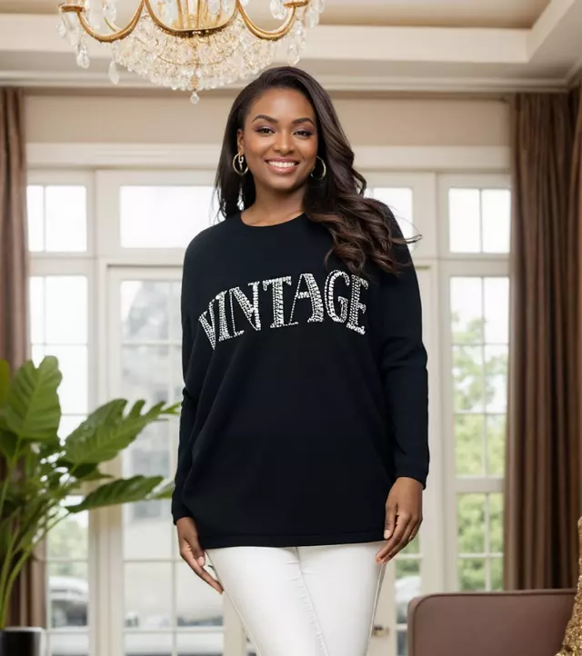25013 - Women's "VINTAGE" Embellished Sweater (3-PCS PRE-PACK) ($18.00 Each) — Black / One Size Fits Most