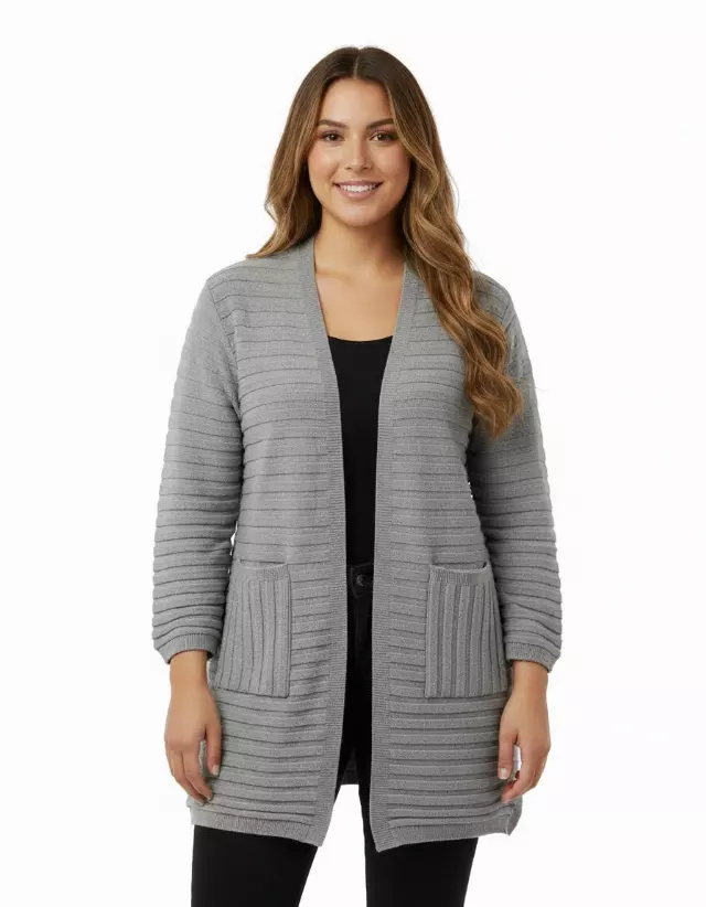 Open Front Cardigan with Horizontal Ribbed Knitting — Heather Gray / S-M-L-XL-2XL