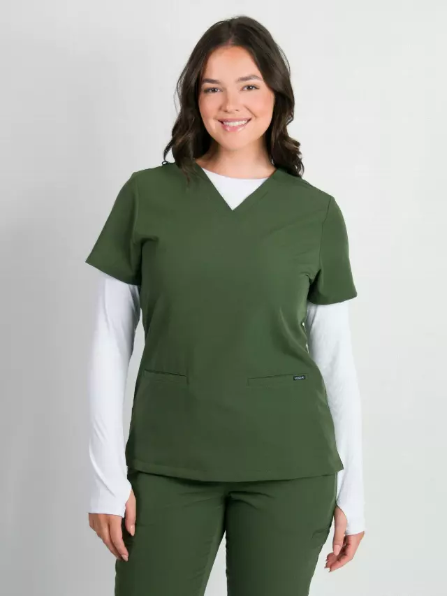 Sofia | Slim 3 Pocket Scrubs Top — Army Green / XXS