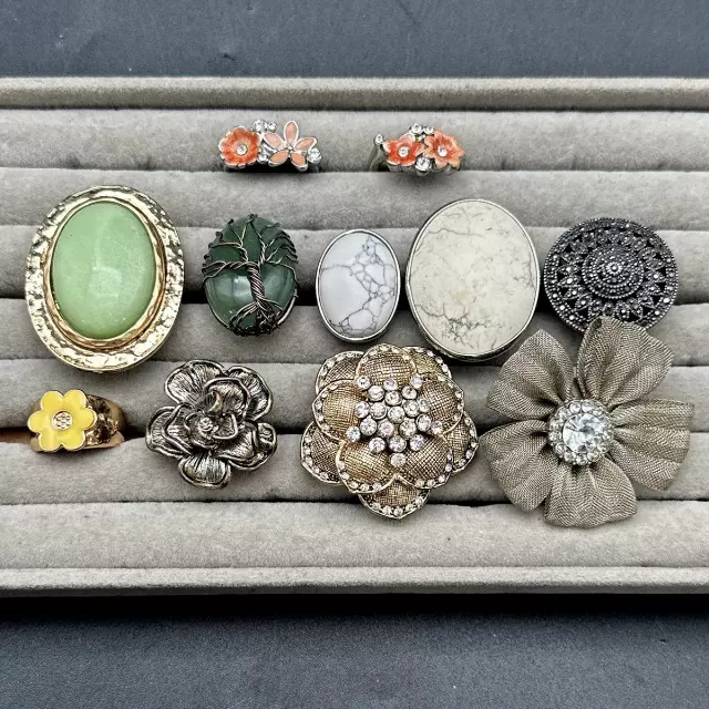 Vintage to Modern Fashion Jewelry Statement Rings Lot of 11 Floral Faux Stone