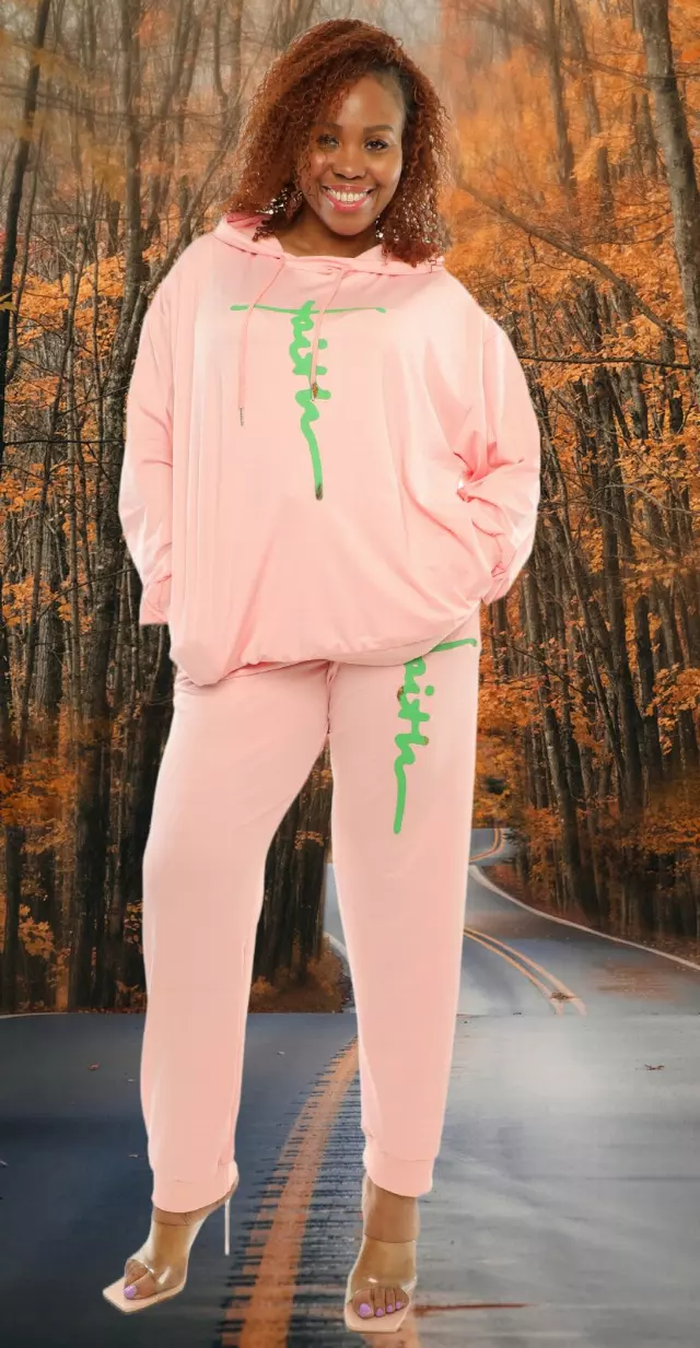 22125 -2 pcs Faith Jogging Suit -Lots of Colors Available- $25.00 Set (3 pcs per pack) — Reg - M L XL / Pink