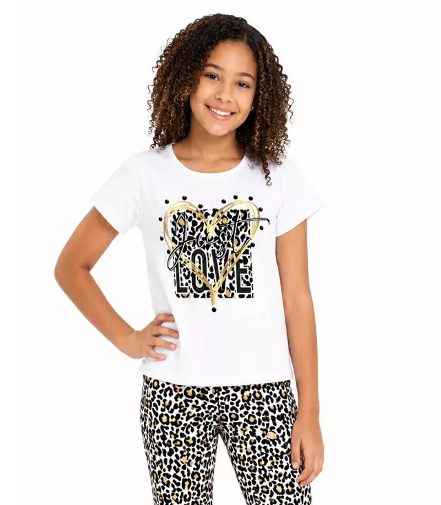 GIRLS PINK Just Love Heart Screen White Top w Animal Print Flared Pant-6561004