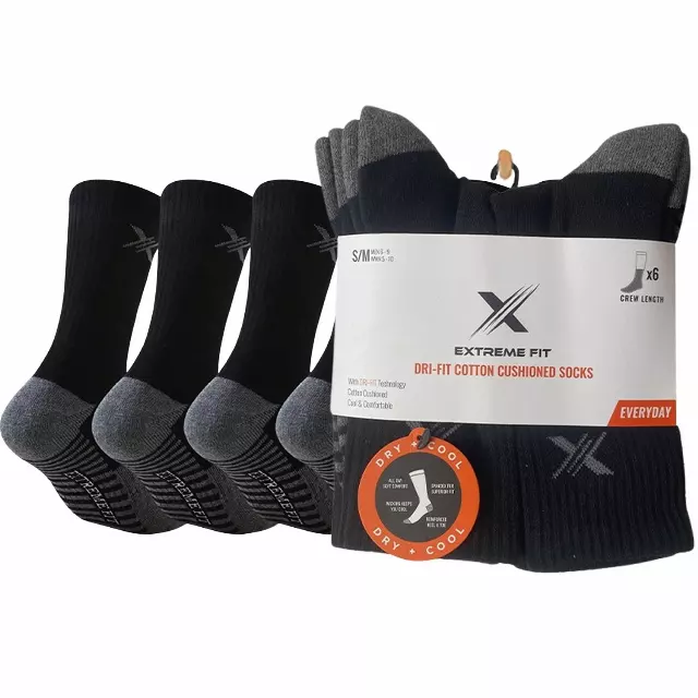 6-Pairs: Dri-tech Everyday Wear Crew Length Socks - Black — Large/XL