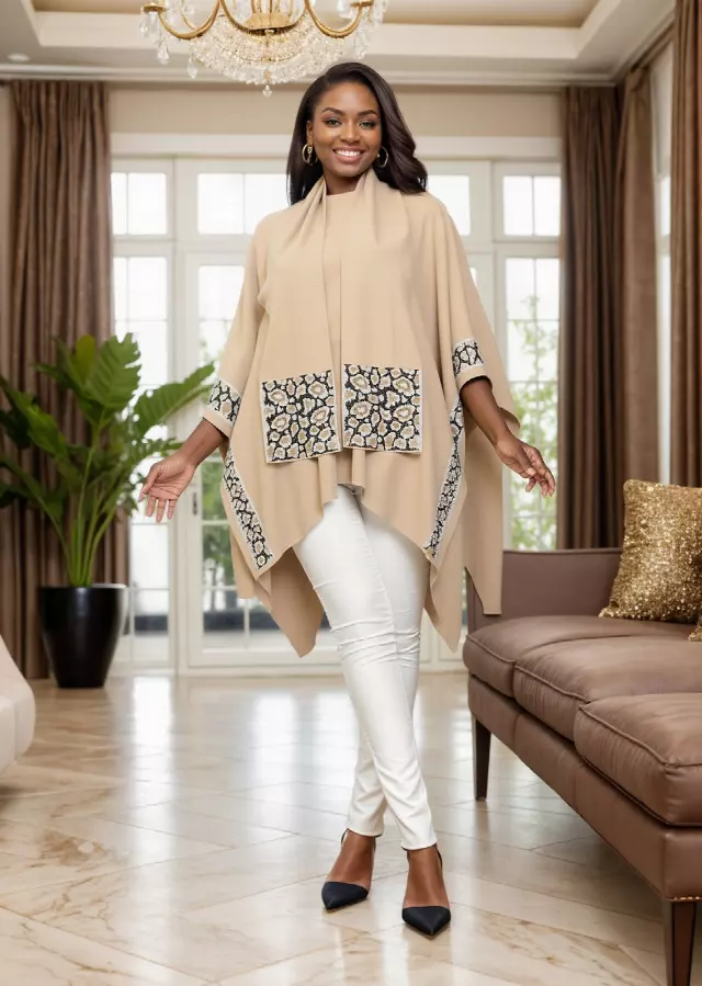 25019 - Women's Embellished Open-Front Soft-Feel Poncho - $49.00 Each — Free Size / Cream