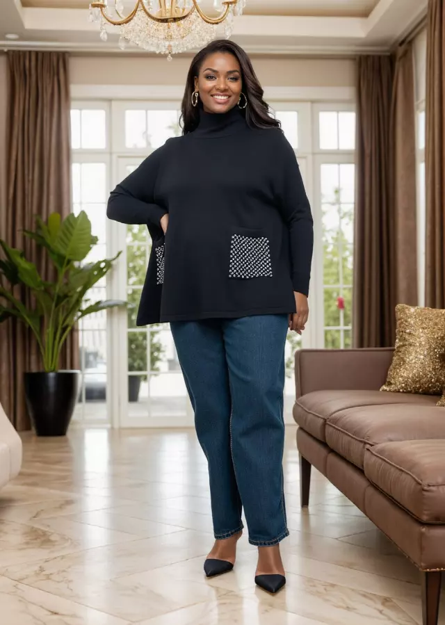 25012 - Women's Turtle-Neck Gorgeous Sweater With Pockets (3-PCS PRE-PACK) ($18.00 Each) — Black / One Size Fits Most