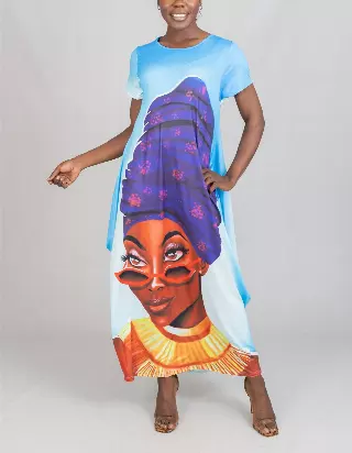 23033- Women's Plus Size Maxi Dress Digital Face-Print Knit Maxi Dress - One Size (3-PCS PRE-PACK) ($20.00 Each)