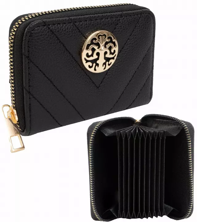Rebecca & Rifka Quilted Pebble Chevron Medallion Zip Accordion Wallet — BK/GD