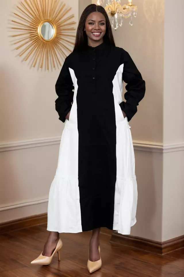 7907- Women's Ankle Length Button Down Pocketed Dress - $25.00 Each (3 pcs per pack) — Free Size / Black/White