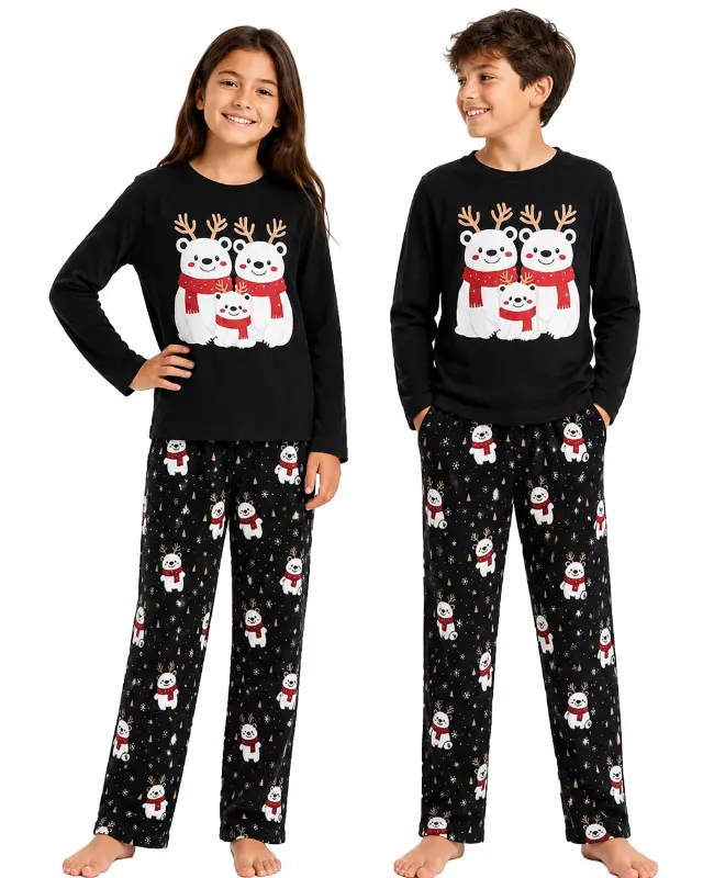 Kids Matching Family Pajama Set #123 — Black / 6-8-10-12-14-16