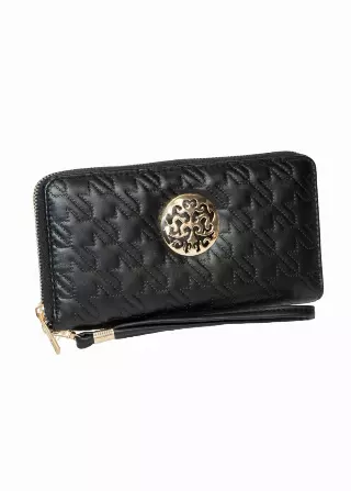 Rebecca & Rifka Smooth Houndstooth Quilt Medallion Zip Wristlet Wallet — BK/GD