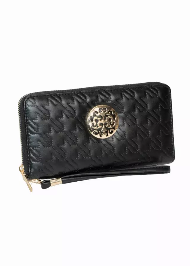 Rebecca & Rifka Smooth Houndstooth Quilt Medallion Zip Wristlet Wallet — BK/GD