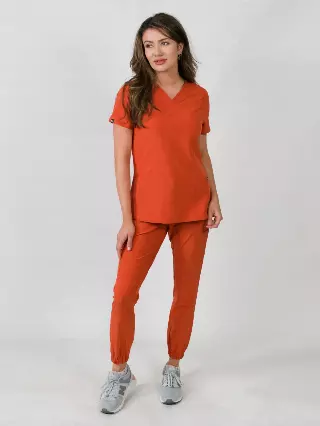 Olivia | 4 Pocket Top & Jogger Pant Scrubs Set — Pumpkin / XL