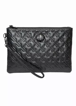 Rebecca & Rifka Smooth Houndstooth Quilt Medallion Zip Wristlet — BK/BK