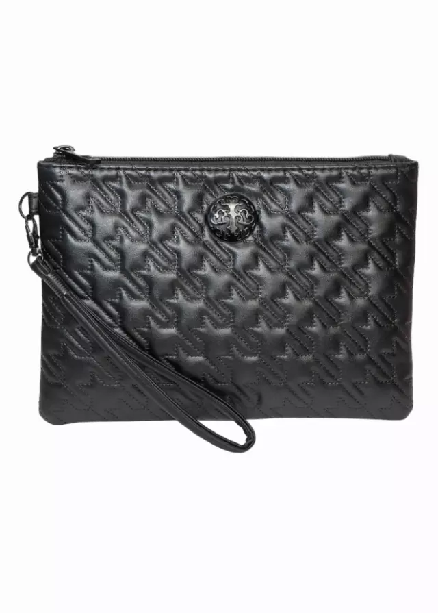Rebecca & Rifka Smooth Houndstooth Quilt Medallion Zip Wristlet — BK/BK