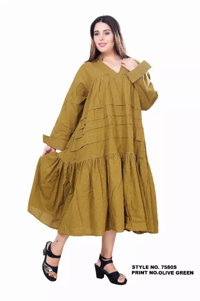 7581S - 100% COTTON SOLID COLOR PLEATED BOTTOM FRILL MAXI DRESS (3 PCS PRE-PACK) - $30.00 EACH — One Size (4-24) / Olive