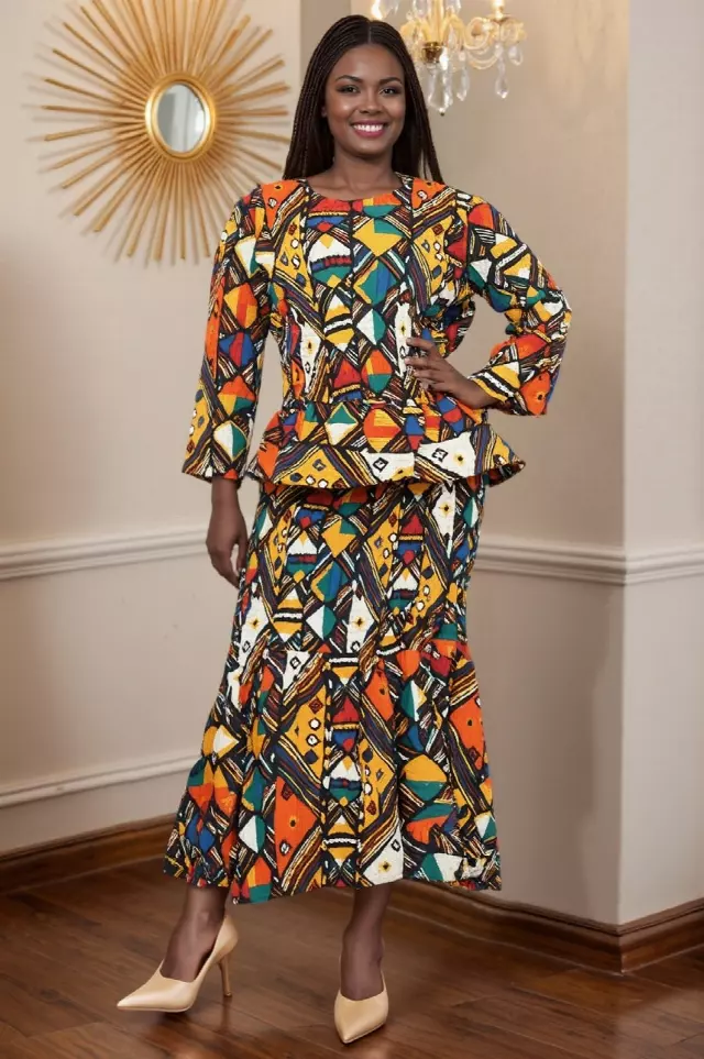 7574 - Long Sleeves 2-PC Smoked Collared Skirt Set - $25.00 Each (3 pcs per pack)