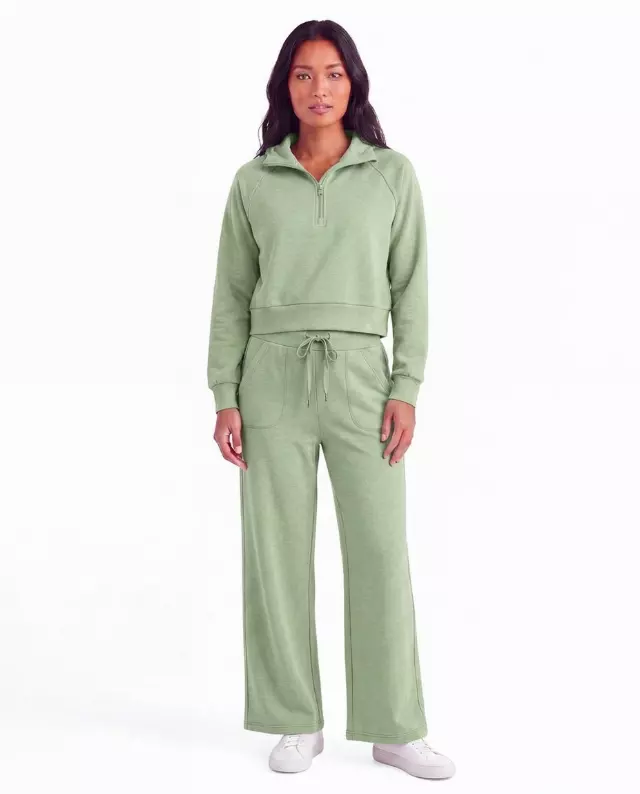 Women’s Soft Touch Half-Zip Hoodie & Wide-Leg Pants Set #23 — Green / S-M-L-XL