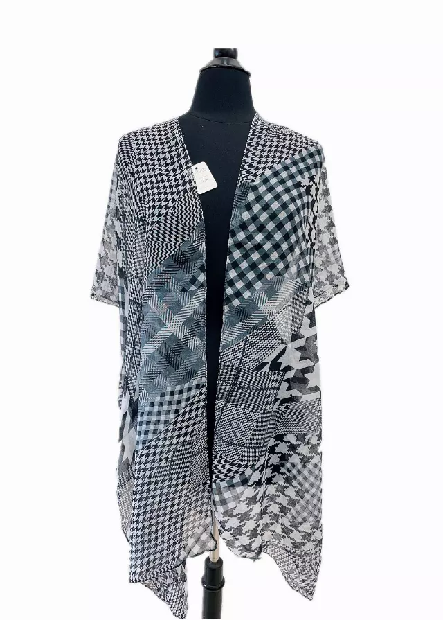 C1079 Multi Pattern Spring Kimono — Black