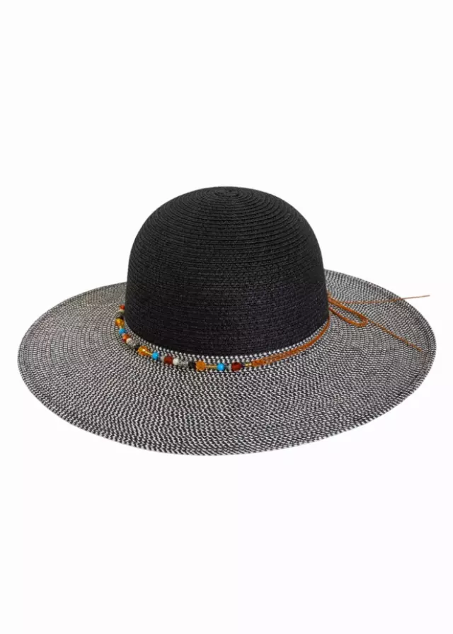 Magid Beaded Crown Two Tone Straw Floppy Hat — BLACK