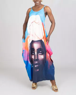 23013- Women's Plus Size Slip Maxi Dress Face-Print Digital Print Knit Maxi Dress - One Size (3-PCS PRE-PACK) ($20.00 Each)