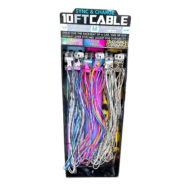 10FT Braided Sync and Charge Cable Assortment Floor Display - 38 Pieces Per Retail Ready Display Kit 88396