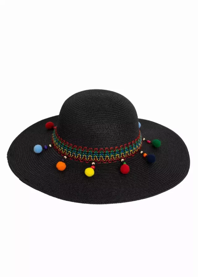 Magid Pom Pom & Tassels Straw Floppy Hat — BLACK