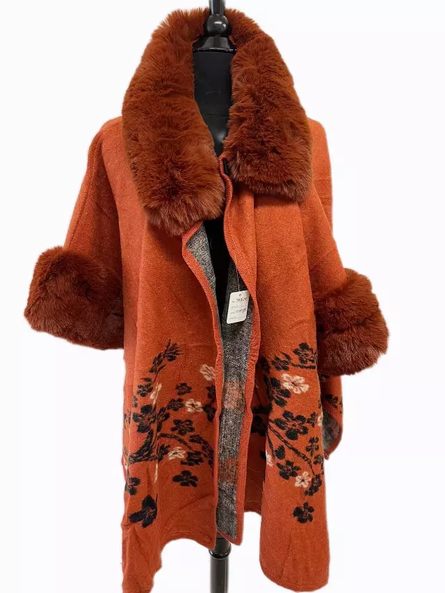 TX520 Faux Fur Floral Pattern Cape — Orange