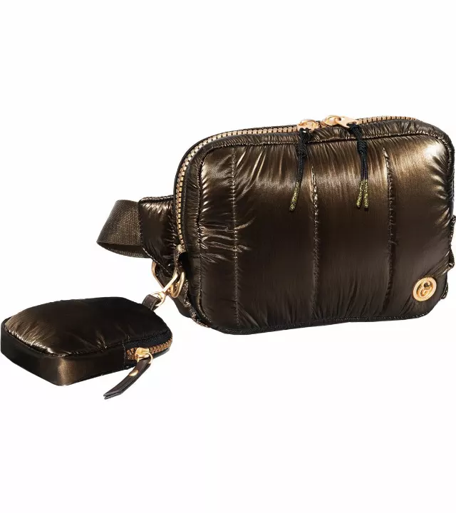 Joan & David Metallic Tubular Quilted Nylon Passport Sling Bag — 358-METALLIC CHOCOLATE