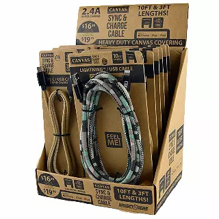 Canvas Charging Cable Assortment - 12 Pieces Per Retail Ready Display 88346