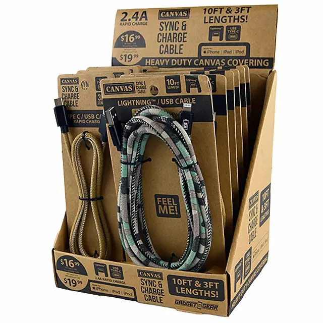 Canvas Charging Cable Assortment - 12 Pieces Per Retail Ready Display 88346