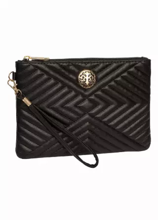 Rebecca & Rifka Smooth Abstract Tubular Quilt Medallion Zip Wristlet — BK/GD