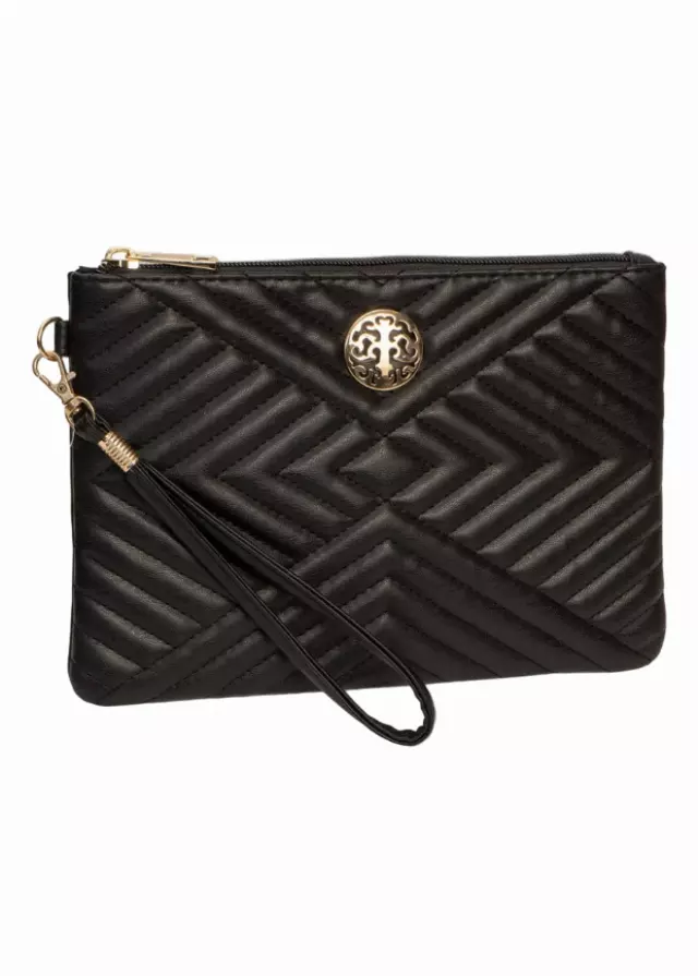 Rebecca & Rifka Smooth Abstract Tubular Quilt Medallion Zip Wristlet — BK/GD