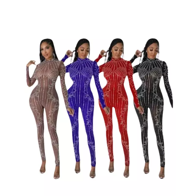 Chicaluv- Women's Sexy Sheer Rhinestone Crystal Bodycon Jumpsuit – Sparkly See-Through Party Romper Overall - XV948