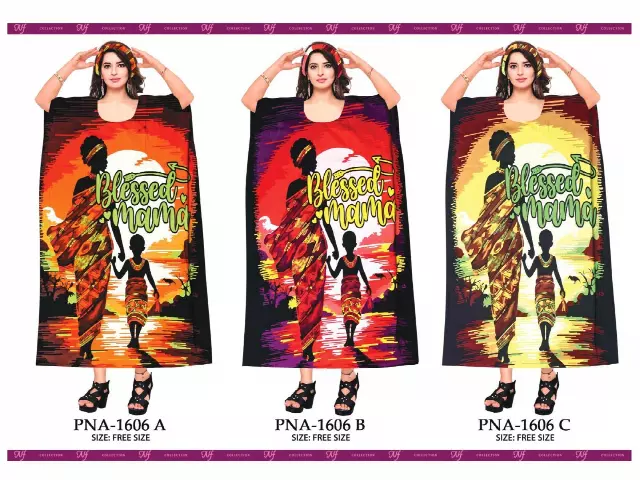 PNA-1606 Women's Colorful Print Long Comfortable Kaftan Dress with Headwrap- One Size (6-PCS PRE-PACK) - $7 Each — One Size (4-24) / Print-1606A
