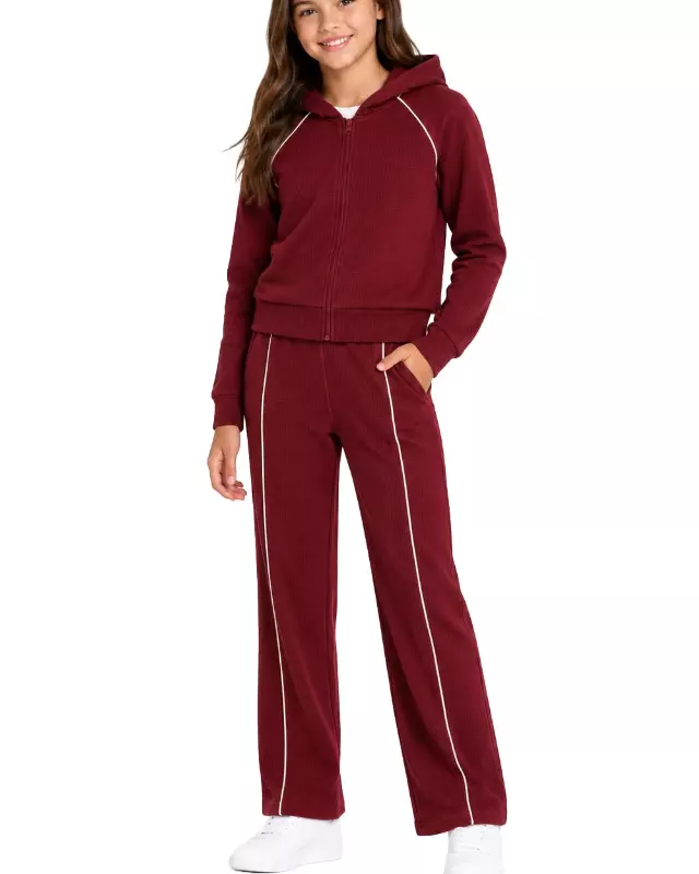 Girls' Hoodie & Track Pants Set #N18 — Burgundy / 6-8-10-12-14