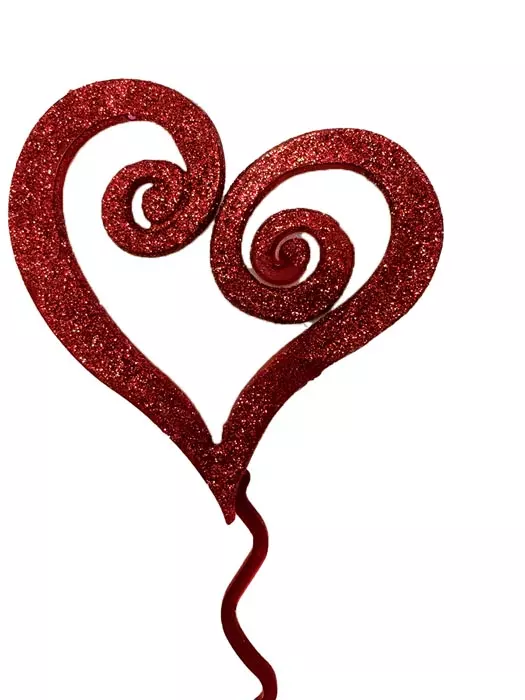 PL2015RED – Curly Glitter heart on curled 16 Pick “DZ” Case pk 72 dz.