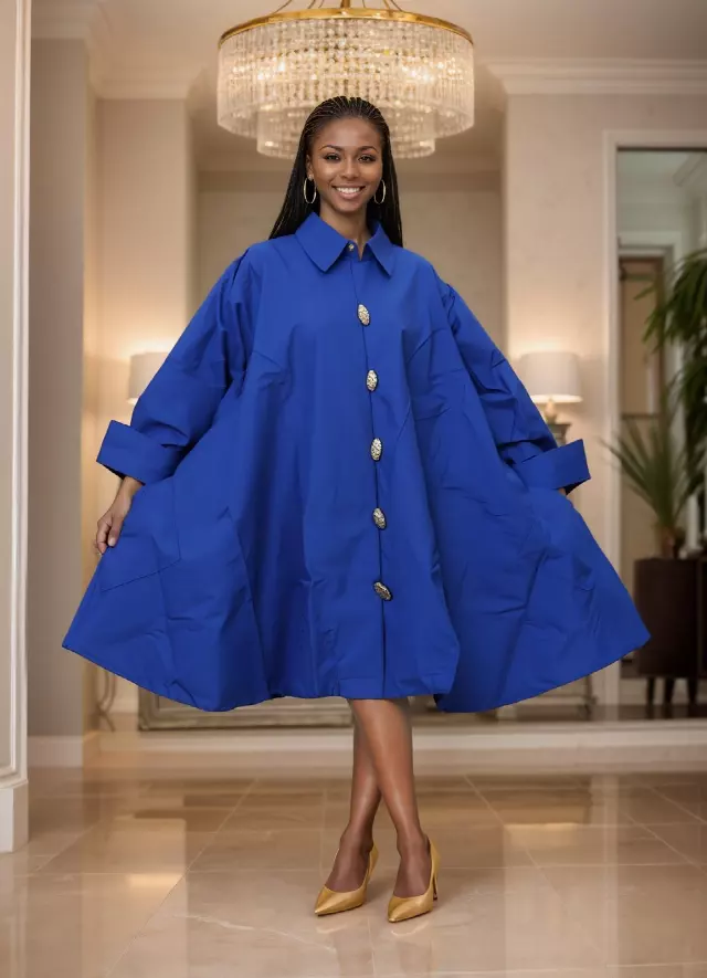 243 - Big Button Down Solid Colors Authentic African Tunic Dress (3 PCS PRE-PACK) - $25.00 EACH — One Size (4 - 24) / Royal Blue