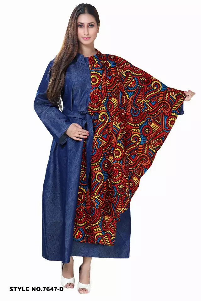 7647D Authentic African Print Capelet and Denim Belted Dress (3 PCS PRE-PACK) - $25 EACH) — One Size (4-24) / Print-529