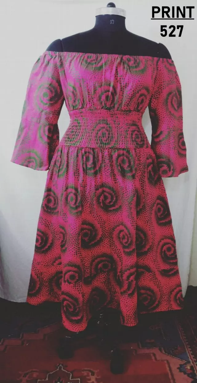 304A - Off-shoulder Smocked Waist Bell Sleeves Dress - $25.00 Each — Free Size / Print-527